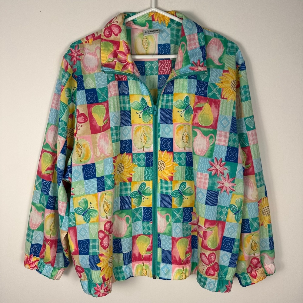 Francisca Koret Vintage Patchwork Windbreaker Jacket Sunflower Butterfly Size 14